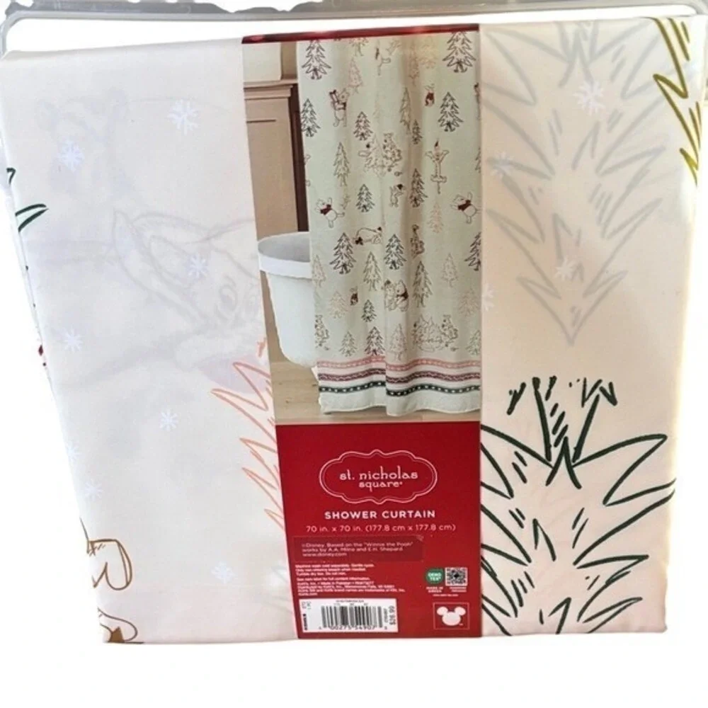 Disney Winnie the Pooh Holiday Fabric Shower Curtain Cream & Red Christmas 70
